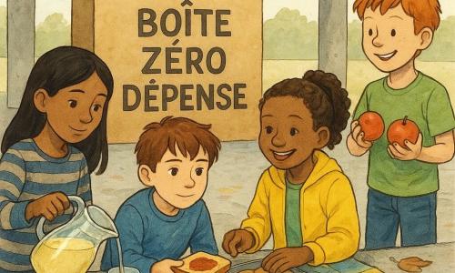Quatre enfants de 10 ans sous le préau de l'école — Noé, garçon au visage sérieux et doux, cheveux bruns en bataille, accroupi près d'une boîte en carton et tendant une tranche de pain grillé avec un pot de confiture ; Inès, fille aux cheveux bouclés en queue et sourire lumineux, veste jaune, posant une boîte de biscuits maison sur une nappe improvisée à droite de Noé ; Hugo, garçon à la tignasse rousse et air malicieux, debout derrière la nappe comme un petit marchand, tenant une pomme dans chaque main ; Lina, fille aux cheveux noirs lisses et regard attentif, gilet rayé, versant de la citronnade près d'une cruche en verre cabossée à gauche de Noé ; sol en béton gris taché de craie, piliers en béton, boîte recouverte de papier kraft marquée « BOÎTE ZÉRO DÉPENSE », quelques feuilles mortes et ciel pâle en arrière-plan ; goûter collectif « zéro dépense », échanges de nourriture et de sourires dans une ambiance solidaire aux couleurs douces et contours légèrement aquarellés.