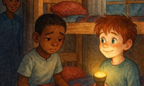 Martin, 10 ans, cheveux châtain clair en bataille, taches de rousseur, yeux verts, l'air soulagé et timide, tient une lampe de poche et regarde doucement son ami Hugo, 10 ans, cheveux noirs courts, contrit mais courageux, assis au bord du lit et posant une main rassurante sur la couverture ; Madame Dupont, enseignante d'environ 35 ans, silhouette floue dans l'encadrement de la porte, sourit bienveillante depuis l'ombre du couloir ; le dortoir d'auberge en pin clair, lits superposés et couvertures à carreaux froissées, fenêtre embuée par la pluie, crée une ambiance nocturne chaude et intime, lumière jaune de la lampe formant ombres douces : moment de confession apaisé et sincère où Martin se libère et Hugo, baissant les yeux, se prépare à dire la vérité.