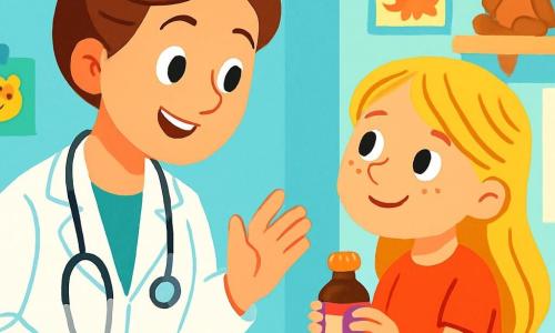 Une docteure, Dr. Lila, souriante avec des cheveux châtains en chignon, porte une blouse blanche et un stéthoscope. Elle regarde avec bienveillance une petite fille, Mia, environ 6 ans, aux longs cheveux blonds et taches de rousseur, assise sur une table d'examen avec un flacon de sirop. La scène se déroule dans une salle d'hôpital lumineuse aux murs bleu pastel, ornée de dessins d'animaux et de jouets en peluche. Dr. Lila explique à Mia que le sirop est comme un bonbon, et Mia se prépare à le goûter dans une atmosphère chaleureuse et rassurante.