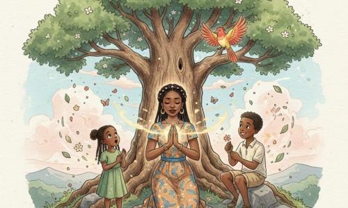 Adama agenouillée devant un grand arbre ancien, visage serein, peau foncée, cheveux nattés en couronne, robe ocre et bleue, mains jointes d'où émane une douce lueur dorée ; à sa gauche une fillette d'environ 7 ans en robe verte, émerveillée par la lumière, à sa droite un garçon d'environ 9 ans accroupi sur une pierre, souriant et tenant une petite fleur ; un oiseau rouge et jaune posé sur une branche proche, papillons et pétales tourbillonnant autour, le tout au sommet d'une montagne sacrée sur sol de pierres et mousse, ciel pâle avec nuages roses et panorama de collines floues, l'arbre au tronc craquelé et racines apparentes baigné d'une lumière douce, atmosphère paisible et magique aux couleurs chaudes et textures aquarelle, composition centrée sur Adama avec espace dégagé autour.