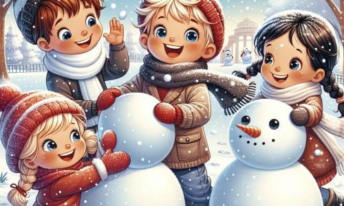 Dans un parc hivernal, quatre enfants s'amusent. Lucas, 8 ans, roule une boule de neige. À sa droite, Emma, 7 ans, rit sous les flocons. À gauche, Chloé, 8 ans, met une écharpe sur le bonhomme de neige qu'ils ont construit. Nathan, 9 ans, observe des traces d'animaux dans la neige. Le parc est couvert de neige brillante, avec des arbres chargés de flocons. Le ciel est bleu clair avec des nuages blancs, et le soleil brille doucement. Les enfants jouent ensemble tandis qu'un petit renard les observe depuis un buisson, ajoutant une touche de magie à cette journée d'hiver.