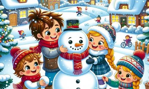 Dans un paysage hivernal féérique, quatre enfants se rassemblent autour d'un bonhomme de neige. Paul roule une boule de neige pour le corps, Clara ajoute des boutons en charbon en riant, Lucas tient une carotte pour le nez, et Emma, en fauteuil roulant, dessine des flocons de neige. Le décor est un village enneigé avec des maisons aux toits blancs, des sapins décorés et un ciel bleu clair. Les enfants s'amusent à créer leur bonhomme de neige, partageant des moments de joie dans la magie de l'hiver.