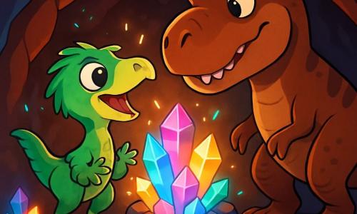 Un jeune vélociraptor nommé Raph, avec un plumage vert et des yeux curieux, se tient au sommet d'un volcan, émerveillé par des cristaux magiques scintillants dans une grotte. À proximité, un tyrannosaure rex imposant, avec une peau brune, l'observe avec intérêt, créant une atmosphère de respect. La grotte est remplie de cristaux colorés qui projettent des reflets sur les parois, tandis que le sol est couvert de pierres volcaniques et de petites plantes. Raph, fasciné par les cristaux, s'approche du tyrannosaure, illustrant un moment d'amitié et de curiosité entre deux espèces de dinosaures.