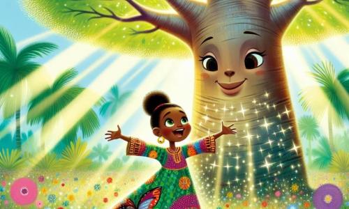 Amani, une jeune fille d'environ 10 ans, a des yeux brillants et un sourire éclatant. Elle porte une robe colorée en tissu africain avec des motifs floraux, se tenant devant un grand baobab, les bras ouverts, rayonnante de joie. Le baobab majestueux, avec son tronc épais et ses branches étendues, semble lui parler avec bienveillance. Des éclats de lumière filtrent à travers les feuilles, illuminant le sol parsemé de fleurs multicolores. Amani écoute attentivement le baobab, qui lui révèle un secret sur la pierre des ancêtres, tandis que des oiseaux colorés volent autour d'eux, créant une scène enchantée.