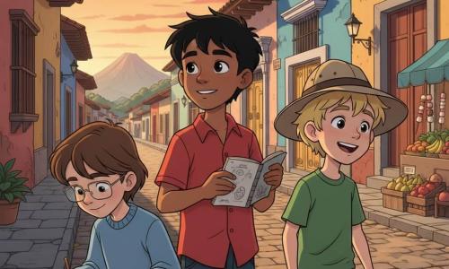 Trois garçons dans une rue pavée colorée rappelant Antigua Guatemala au coucher du soleil : Tomás (≈9 ans, cheveux noirs courts, peau mate, chemise rouge) tient un carnet de dessin ouvert au centre gauche, Léo (≈8 ans, cheveux blonds en bataille, chapeau d'explorateur beige, T‑shirt vert) rit en se tournant vers Tomás à sa droite, et Pablo (≈9 ans, cheveux bruns lisses, lunettes fines, pull bleu clair) est assis sur un muret au premier plan gauche en train de dessiner une porte jaune; arrière-plan : maisons aux façades jaunes, bleues et rouges, grande porte jaune ornée de ferronnerie, fontaine en pierre, volcans au loin, étals de fruits et stand de chamallows; ambiance chaleureuse et douce, lumière dorée projetant de longues ombres, expressions joyeuses, style dessin animé années 90 aux couleurs saturées et contours fins, détails nets (textures des pierres, pages du carnet, bracelet tressé).