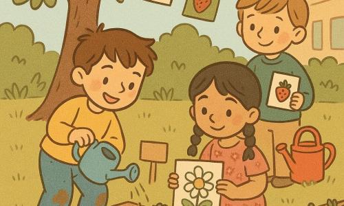 Trois enfants d’environ 6 ans dans un jardin partagé d’école sous un cerisier : un garçon souriant aux cheveux bruns en bataille, pull jaune et jean, arrose des fraisiers avec un petit arrosoir bleu ; Leïla, calme, cheveux noirs en nattes et robe à fleurs, montre son dessin d’une marguerite ; Mathis, timide mais content, cheveux châtains clairs et sweat vert, tient un arrosoir rouge et un carnet avec une fraise dessinée ; bacs en bois, terre sombre, pancartes manuscrites et dessins d’enfants accrochés créent une ambiance chaleureuse et lumineuse centrée sur leur cercle d’amitié.