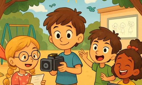 Quatre enfants sont réunis : Lucas, un garçon de 10 ans avec des cheveux châtains en désordre, un t-shirt bleu et un short beige, tient un appareil photo au centre. Sarah, 9 ans, avec des cheveux blonds tressés et des lunettes rondes, porte une robe rose à pois et montre son scénario à Lucas. Tom, 10 ans, avec des cheveux bruns en bataille et un t-shirt vert, mime un personnage à droite de Lucas. Mia, 9 ans, avec des cheveux bruns bouclés et un chouchou rouge, porte un t-shirt jaune et un short en jean, riant et tenant une tablette. La scène se déroule dans une cour d'école ensoleillée avec des arbres, des jeux colorés en arrière-plan et un tableau blanc décoré de dessins d'enfants. Les enfants tournent un film sur l'utilisation équilibrée des écrans, s'amusant sous le soleil et au son des oiseaux.