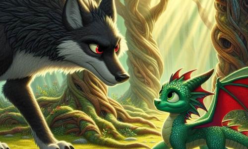 Dans une forêt enchantée, un grand loup à la fourrure noire se tient au centre, ses yeux rouges brillants d'une lueur mystérieuse. Il observe une jeune dragonne, Liora, aux écailles vert émeraude, qui s'apprête à faire un pas vers lui avec détermination. Des arbres majestueux entourent la scène, créant une atmosphère magique. Liora s'approche du loup, prête à engager la conversation, tandis que celui-ci hésite entre méfiance et intérêt. L'air est chargé de tension, annonçant une aventure inattendue.