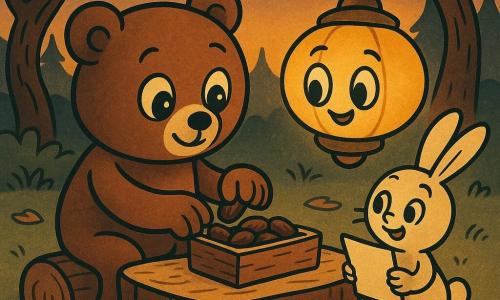 Petit ours brun rond et pelucheux nommé Moumou, expression douce, yeux brillants, déposant délicatement des dattes dans une petite boîte en bois sur une table basse en rondins; une lanterne ronde couleur miel au visage souriant flotte au‑dessus et diffuse une lumière dorée; un petit lapin blanc aux longues oreilles, curieux et joyeux, tient une feuille propre à côté de la table; clairière entourée de pins sinueux, herbe verte, ciel de coucher de soleil orangé et violet, ambiance du soir avant le repas du Ramadan, calme et chaleureuse, composition centrée, style cartoon rétro aux formes arrondies et couleurs chaudes aux contrastes doux.