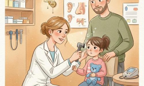 La docteure Lina, visage doux et souriant, chignon lâche et blouse blanche, s’agenouille pour examiner l’oreille de Zoé (8 ans) avec un otoscope lumineux; Zoé, cheveux bruns en couette, serre son doudou bleu et tend la main vers son père, qui se tient derrière la chaise, main sur son épaule et sourire rassurant. La petite salle aux murs couleur miel, étagères en bois clair, lampe chaude et affiche pédagogique crée une atmosphère tamisée, chaleureuse et rassurante, avec textures aquarelle et reflets blancs sur les instruments.