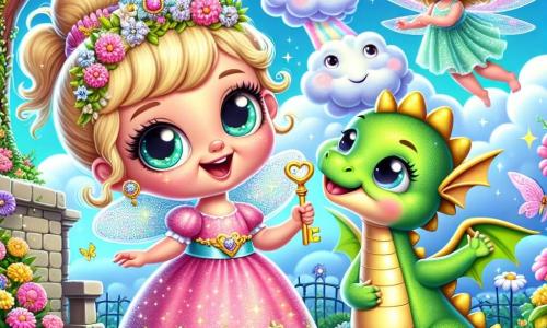 Une petite princesse, Lila, avec de grands yeux brillants et des cheveux dorés, se tient joyeusement dans un jardin fleuri. Elle porte une robe rose scintillante ornée de petites étoiles et sourit émerveillée. À ses côtés, un dragon gentil aux écailles vertes souffle un nuage doux avec un regard amical. La fée des nuages, délicate avec des ailes roses translucides, flotte au-dessus d'eux, souriante. Le jardin est rempli de fleurs colorées, de papillons et d'un grand arbre majestueux avec un petit banc en bois. Le ciel est bleu éclatant avec des nuages cotonneux. Lila tient une clé d'or brillante, entourée de ses amis, le dragon et la fée, prêts pour une aventure magique.