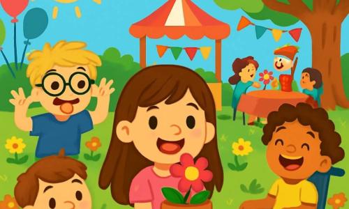 Il y a 4 enfants : Léa, 8 ans, avec de longs cheveux bruns et une robe rose à fleurs, tient un pot de fleurs et sourit. Max, 7 ans, a des cheveux blonds en bataille, des lunettes rondes, un t-shirt bleu et un short vert, et fait une grimace. Sam, 6 ans, avec des cheveux châtains, porte un t-shirt rouge et ramasse des cailloux en forme de cœur. Zoé, 7 ans, avec des cheveux bouclés, est dans un fauteuil roulant décoré, porte une blouse jaune et rit aux blagues de Sam. L'histoire se déroule dans un parc coloré avec des fleurs, des ballons et des familles rassemblées. Léa, entourée de ses amis, tient un pot de fleurs qu'elle a offert à sa maman, tous souriants et joyeux sous un ciel bleu.