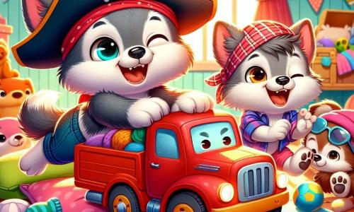Un petit loup nommé Loupi, avec un pelage gris et des yeux malicieux, porte un chapeau de pirate trop grand et sourit en poussant un camion rouge sur un pont d'oreillers. À côté, sa grande sœur Louna, avec un pelage brun clair, rit en levant les pattes comme si elle dirigeait un spectacle, tandis que son petit frère Loustic, un loup tacheté, porte des lunettes de soleil et jongle avec des chaussettes colorées. La scène se déroule dans un salon chaleureux, rempli de coussins et de jouets, où la lumière du soleil crée une ambiance joyeuse. Les trois loups s’amusent ensemble, illustrant un moment de bonheur familial.