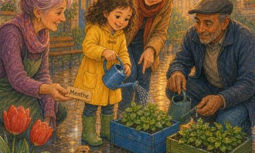 Lina, 6 ans, rayonnante, cheveux bruns bouclés aux épaules, vêtue d'un manteau jaune clair et de bottes vertes, tient un petit arrosoir bleu et arrose un bac de menthe; sa mère d'environ 32 ans, cheveux attachés, se tient derrière elle, penchée, montrant comment arroser sans trop mouiller la terre; Monsieur Karim, ~60 ans, souriant avec casquette grise, arrose doucement un bac voisin; Madame Sophie, ~50 ans, cheveux gris-rose en chignon, tend une étiquette en bois inscrite 