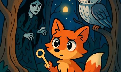 Un jeune renard au pelage roux, aux yeux déterminés, se tient dans une forêt sombre, entouré d'arbres noueux. À sa droite, une chouette aux plumes argentées l'observe, affichant sagesse et curiosité. Derrière, une sorcière aux cheveux noirs, vêtue de feuilles sombres, se tient dans l'ombre, le visage triste, tendant la main vers le renard. La scène se déroule dans une clairière enchantée, éclairée par la lune et des lanternes flottantes. Le renard, prêt à briser la malédiction de la forêt avec une clé brillante, est observé par la chouette et la sorcière, créant une tension palpable.