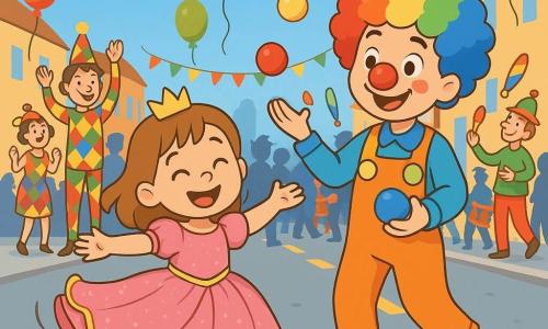 Une petite fille de 4 ans, Sarah, est pleine de joie dans sa robe de princesse rose ornée de paillettes. Ses yeux brillants et son sourire montrent son excitation alors qu'elle danse dans la rue. À ses côtés, un clown joyeux jongle avec des balles multicolores. En arrière-plan, des personnes en costumes variés, des jongleurs et des acrobates créent une ambiance festive. La scène se déroule dans une rue animée, décorée de guirlandes et de ballons, sous un ciel bleu ensoleillé. Sarah participe à la parade du carnaval, tournoyant au rythme de la fanfare.