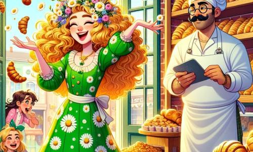 Au centre de l'image, Super Camomille, une femme joyeuse d'une trentaine d'années avec des cheveux bouclés et dorés ornés de fleurs, sourit. Elle porte un costume vert vif à motifs de camomille et fait un geste magique, provoquant une pluie de croissants. À sa droite, Monsieur Croquenbotte, un homme d'une cinquantaine d'années avec une moustache et des lunettes, observe émerveillé les croissants, prêt à les attraper avec sa spatule. À sa gauche, un groupe d'enfants rit en essayant de saisir les croissants. Le décor se situe dans une boulangerie pittoresque avec des murs en briques et des étagères remplies de pains et pâtisseries. Super Camomille transforme un moment ordinaire en une fête joyeuse, apportant bonheur et rires à tous.