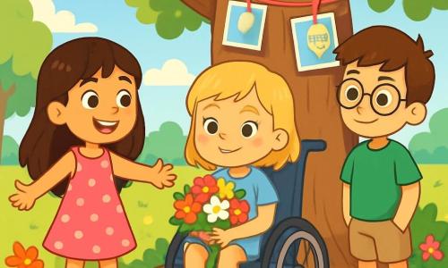 Il y a trois personnages : Lila, une fille de presque 7 ans avec de longs cheveux bruns, souriante dans une robe rose à pois blancs, prête à réconforter son amie ; Emma, également presque 7 ans, assise dans un fauteuil roulant, tenant un bouquet de fleurs, les yeux brillants de larmes mais souriante ; et Lucas, un garçon de 7 ans avec des cheveux châtains et des lunettes, affichant une expression de soutien. L'action se déroule dans un parc ensoleillé, où Emma dit au revoir à son grand-père en déposant le bouquet au pied d'un arbre, entourée de Lila et Lucas, partageant un moment d'émotion et de tendresse.