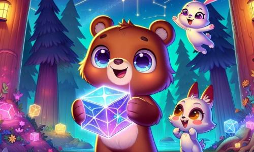 Un ours nommé Bibi, avec un pelage brun et des yeux curieux, se tient au centre de l'image, émerveillé par un cube brillant qu'il tient dans ses pattes. À ses côtés, Lila, une lapine aux grandes oreilles et au pelage blanc, saute de joie, tandis que Titi, un petit écureuil roux, grimpe sur l'épaule de Bibi avec un sourire malicieux. Le décor est une forêt enchantée, remplie d'arbres colorés et de fleurs lumineuses, sous un ciel étoilé. Bibi, Lila et Titi découvrent le cube mystérieux, entourés d'une aura de magie et d'aventure, prêts à déchiffrer un message extraterrestre.