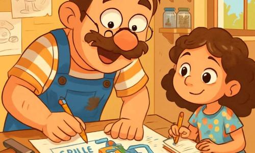 Un homme, Monsieur Gustave, est au centre de l'image, avec une moustache frétillante et des lunettes rondes. Il sourit et porte une salopette bleue pleine de taches d'huile et un t-shirt rayé, penché sur une table de travail en bois avec des outils et des pièces de métal, dessinant des plans pour son invention. À côté de lui, sa nièce Lila, 8 ans, aux cheveux bouclés, observe avec curiosité, vêtue d'une robe à fleurs et tenant un crayon. L'atelier est chaotique mais chaleureux, avec des murs couverts de croquis et des étagères remplies d'outils. Gustave, en pleine réflexion, imagine son Grille-Pain à Chaussures, une machine colorée, tandis que Lila l'encourage avec enthousiasme.
