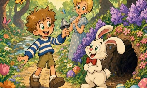 Un garçon de 8 ans, émerveillé, cheveux châtain clair en bataille, yeux verts, pull bleu à rayures blanches et short kaki, tient une petite cloche en argent dans la main droite et sourit; à sa droite, Lapinou, un lapin blanc debout sur ses pattes arrière avec nœud papillon rouge, grandes oreilles souples et pelage duveteux, le regarde devant l'entrée d'un terrier fleuri où des œufs colorés sont disposés; la mère, vers 34 ans, cheveux blonds en chignon et robe à pois, se tient rassurante à quelques pas; lieu : bord de forêt au printemps, sentier étroit bordé de fleurs multicolores, arbres aux troncs courbés, lumière dorée du matin, petits papillons et ruisseau en arrière-plan; ambiance joyeuse et magique, cloche scintillante, palette pastel saturée, contours noirs épais, textures lisses et formes arrondies.