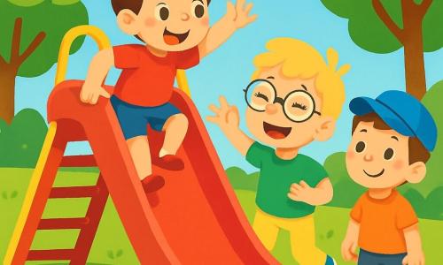 Il y a trois garçons de 4 ans : Léo, avec des cheveux bruns en bataille, un t-shirt rouge et un short bleu, grimpe sur une grande glissade rouge ; Max, avec des cheveux blonds et des lunettes rondes, vêtu d’un t-shirt vert et d’un pantalon jaune, se tient à côté de lui, riant et prêt à sauter ; et Tom, avec des cheveux châtains et une casquette bleue, en t-shirt orange et short gris, observe la glissade avec un sourire hésitant. L'action se déroule dans un parc ensoleillé, avec une glissade rouge, de l'herbe verte et des fleurs colorées, sous un ciel bleu clair. Les trois amis montrent des visages joyeux et excités, prêts à glisser ensemble.