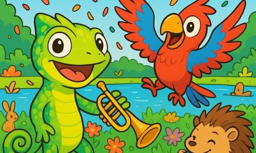 Un petit caméléon nommé Ziggy, aux écailles vertes et jaunes, se tient sur une scène près d'un lac scintillant. Il sourit joyeusement en dirigeant une fanfare d'animaux. À ses côtés, un perroquet aux plumes rouges et bleues, Rico, bat des ailes avec bonheur. Un hérisson, Piko, joue de l'harmonica, fier de sa prestation. En arrière-plan, le lac est entouré de fleurs colorées et d'animaux curieux, tous captivés par la musique. Des confettis multicolores tombent du ciel, créant une ambiance festive. Ziggy et ses amis jouent ensemble, unis par la musique.