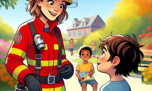 Clara, une femme pompier d'une trentaine d'années, se tient fièrement au centre de l'image, vêtue d'une tenue de pompier rouge et d'un casque brillant. Elle sourit à Maxime, un garçon d'environ 8 ans, qui admire Clara tout en tenant un petit livre sur les pompiers. La scène se déroule dans un parc ensoleillé de Saint-Éloi, entouré d'arbres et de fleurs, avec des enfants jouant en arrière-plan. Clara explique à Maxime les techniques de lutte contre les incendies, partageant sa passion dans une ambiance joyeuse d'été.