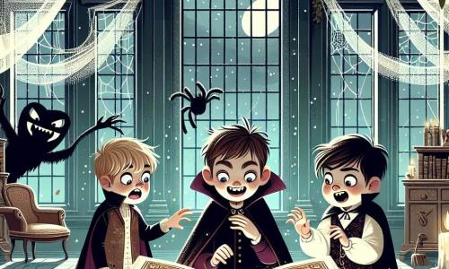 Antoine, un garçon de 11 ans, se tient au centre de l'image en costume de vampire, tenant un vieux grimoire ouvert. À ses côtés, Lucas, 10 ans, montre une expression d'inquiétude, tandis que Sophie, 11 ans, sourit bravement. Le décor est un vieux manoir abandonné, avec des murs couverts de lierre et des meubles recouverts de draps blancs. Ils découvrent le grimoire magique dans une atmosphère mystérieuse, accompagnés de Mortimer, le gardien des secrets d'Halloween, qui est prêt à leur proposer des défis.
