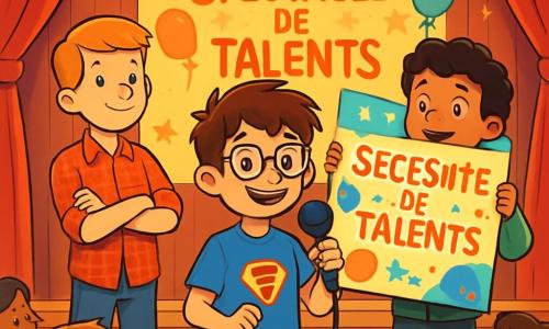 Il y a trois personnages : Théo, un garçon de 12 ans avec des cheveux bruns en bataille, des lunettes rondes, un t-shirt bleu et un short beige, qui se tient au centre avec un micro. À gauche, Jules, également âgé de 12 ans, a des cheveux blonds courts, porte une chemise à carreaux rouges et un jean, et affiche un air confiant. À droite, Maxime, avec des cheveux noirs bouclés, est vêtu d'un sweat à capuche vert et d'un pantalon de sport, tenant une grande affiche colorée. La scène se déroule dans un auditorium scolaire coloré, avec des élèves applaudissant. Théo parle au micro, tandis que Jules et Maxime l'encouragent. L'atmosphère est joyeuse et énergique, illustrant la confiance en soi et l'amitié.