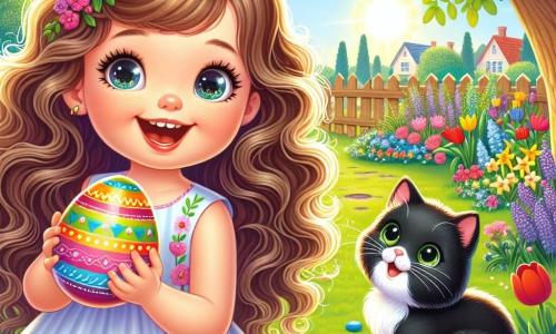 Une petite fille de 4 ans, Lila, avec de longs cheveux bouclés et des yeux pétillants, se tient au centre de l'image, tenant un œuf de Pâques coloré. Elle porte une robe légère à fleurs et sourit, montrant son excitation. À côté d'elle, son chat noir, Mimi, aux yeux verts, est assis sur l'herbe, la regardant avec curiosité. En arrière-plan, le jardin de la ferme est rempli de fleurs éclatantes sous un ciel ensoleillé, avec un grand arbre à droite offrant de l'ombre. Lila découvre un œuf de Pâques magique, émerveillée, tandis que Mimi l'observe, créant une atmosphère joyeuse pour célébrer Pâques.
