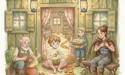 Le Petit Poucet, petit garçon à la peau presque translucide et à la petite étoile jaune pâle sur la poitrine, assis sur un coussin de racines, dépose délicatement un caillou d'argile doré sur un sentier; cheveux châtain clair, yeux grands et curieux, expression douce et déterminée, mains fines tenant le caillou; à droite une femme guerrière d'environ 30 ans aux bras cicatrisés, assise sur un banc de racines, retire son manteau en souriant; à gauche un vieil homme jardinier d'environ 70 ans accroupi près d'une marmite de tisane verse l'infusion dans des tasses en terre cuite; derrière la guerrière un garçonnet d'environ 8 ans apporte des coussins fleuris à la table commune; lieu : entrée d'une auberge improvisée dans une vieille grange transformée, murs en bois patiné, volets peints d'étoiles, lanternes diffusant une lumière ambrée; au premier plan, un chemin de petits cailloux d'argile cuite forme une traînée dorée menant à la porte ouverte où l'on aperçoit des lits tressés et des rideaux fleuris; scène centrale : le Petit Poucet offre un caillou-invitation tandis que les héros se reposent, gestes simples — poser un manteau, verser une tisane, apporter un coussin — dans une atmosphère chaleureuse; palette aquarelle douce (ocres, verts mousse, ambres, roses fanés) avec éclaboussures autour des lanternes et des feuilles; style : lignes légères, texture papier visible, contrastes subtils entre la transparence du garçon et les matières rugueuses du bois et de l'argile.