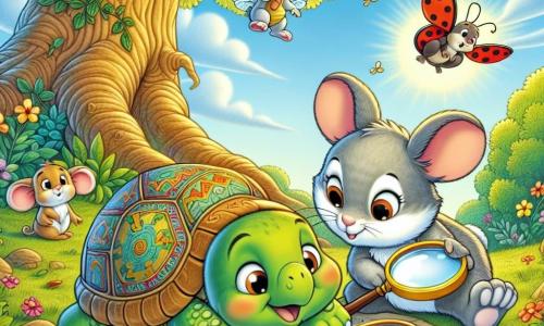 Max, une tortue curieuse avec une carapace verte et des motifs colorés, examine une vieille carte au trésor avec une loupe en or. À ses côtés, Clara, une souris malicieuse à la fourrure grise, sourit en regardant la carte, tandis que Léo, un lapin blanc, se gratte la tête, surpris. Zoé, une coccinelle rouge, vole au-dessus d'eux, ajoutant de la couleur à la scène. Ils se trouvent dans un parc ensoleillé, près d'un vieux chêne, entourés de fleurs et d'herbe verte, prêts à résoudre le mystère du trésor.