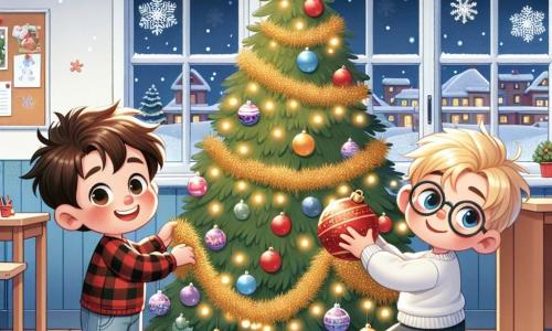Dans une salle de classe décorée pour Noël, deux garçons, Lucas et Tom, sont au centre de l'image. Lucas, 8 ans, avec des cheveux bruns en bataille, ramasse une boule rouge brillante, tandis que Tom, 9 ans, avec des cheveux blonds et des lunettes, tient une guirlande dorée. Au fond, un sapin majestueux est décoré de boules colorées et de guirlandes scintillantes, avec des flocons de neige en papier accrochés aux murs et des lumières clignotantes. Lucas et Tom travaillent ensemble pour remettre en place les décorations après la chute du sapin, affichant des expressions de détermination et de joie.