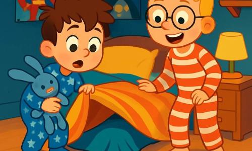Léo et Maxence, deux garçons de 6 ans, sont dans une chambre chaleureuse. Léo, avec des cheveux bruns en bataille et un pyjama bleu, tient son doudou bleu, tandis que Maxence, aux cheveux blonds et lunettes rondes, porte un pyjama rayé rouge et blanc. Ils cherchent le doudou perdu sous la couette, Léo accroupi et surpris, et Maxence à ses côtés avec une grimace amusante. La chambre est décorée de posters de super-héros, avec des jouets au sol et une lumière douce créant une ambiance douillette. Des chaussettes et un vieux bonnet sont éparpillés autour d'eux.