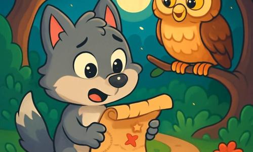 Un petit loup aux poils gris et soyeux, avec de grands yeux brillants de curiosité, tient un vieux morceau de parchemin dans ses pattes, affichant une expression d'excitation et de nervosité, au bord d'un sentier sinueux. À côté de lui, une vieille chouette aux plumes brunes et dorées, perchée sur une branche, le regarde avec un sourire sage et ses yeux pétillants de malice, prête à lui donner des conseils. La scène se déroule dans une forêt enchantée aux arbres tordus et aux feuilles lumineuses, parsemée de fleurs colorées, tandis que la lumière de la lune illumine le chemin. Loupio, déterminé, examine la carte au trésor, prêt à partir à l'aventure pour découvrir le trésor caché par les pirates.