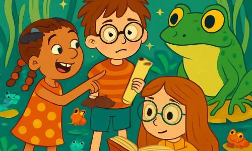 Trois personnages se trouvent dans un marais enchanté : Oscar, un garçon de 9 ans aux cheveux hirsutes et lunettes de travers, tient un parchemin et semble intrigué ; Zoé, une fille souriante avec des tresses multicolores, pointe une grenouille géante ; Léonie, également âgée de 9 ans, lit un livre ancien. Le marais est rempli de grenouilles colorées, de nénuphars dorés et d'algues chantantes. Les amis font face à la grenouille géante qui leur pose une énigme, prêts à relever le défi.
