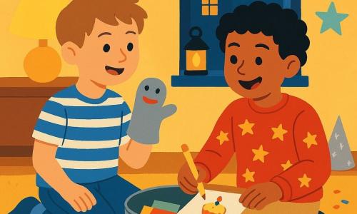 Deux garçons d’environ 8 ans dans un salon chaleureux en soirée : à gauche un garçon aux cheveux châtain clair courts, t-shirt rayé bleu et blanc, jean usé, souriant, tenant une marionnette chaussette ; à droite un garçon aux cheveux bouclés noirs, pull rouge à étoiles, pantalon beige, écrivant une lettre au crayon jaune et montrant un petit gâteau dessiné. Ils préparent une capsule temporelle pour le Nouvel An : une boîte en métal décorée de confettis, ouverte sur le tapis moutarde avec des lettres colorées qui dépassent. Ambiance joyeuse et intime, couleurs vives, textures de papier visibles, gestes expressifs ; lampes et fenêtre en arrière-plan, décorations festives (guirlandes pastel, chapeaux en aluminium, étoiles et confettis) autour.
