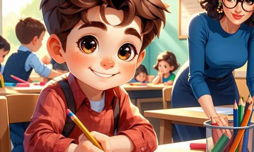 Un garçon de 9 ans, Lucas, aux cheveux châtains et aux yeux curieux, est assis à une table en bois dans une salle de classe lumineuse. Il sourit et dessine avec un crayon coloré. À côté de lui, Madame Lefèvre, une femme d'une quarantaine d'années avec des lunettes rondes et des cheveux bouclés, l'observe avec bienveillance, prête à l'aider. La salle est décorée de posters colorés, et des rayons de soleil illuminent la pièce, créant une atmosphère chaleureuse. Lucas travaille sur un exercice ludique avec l'aide de Madame Lefèvre, découvrant le plaisir d'apprendre.