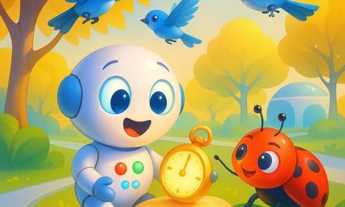 Lumo, petit robot rond au visage joyeux et yeux lumineux, coque blanche avec LEDs colorées sur le ventre, place un minuteur doré lumineux sur une pierre ensoleillée; une coccinelle-robot rouge à pois l’aide en pointant son antenne, des oiseaux électroniques bleu et argent voltigent dans les branches; dans un parc futuriste aux sentiers argentés, arbres aux feuilles dorées et fleurs holographiques, le minuteur s’allume et projette une douce lumière qui éclaire les fleurs et fait sourire tous les personnages.