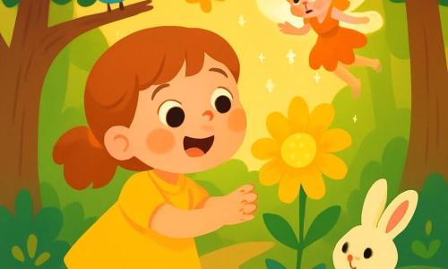 Une petite fille nommée Rose, âgée d'environ 6 ans, avec des joues rondes et roses, porte une robe jaune éclatante. Elle admire une fleur magique couleur soleil avec émerveillement. À ses côtés, une petite fée scintillante de 10 cm, avec des ailes brillantes et des cheveux dorés, danse et sourit à Rose. Un lapin blanc, curieux, les observe, tandis qu'un oiseau bleu chante sur une branche. La scène se déroule dans une forêt enchantée, entourée d'arbres majestueux, de fleurs colorées et de papillons dorés, sous un doux rayon de soleil. Rose touche la fleur magique, émerveillée, tandis que la fée virevolte autour d'elle.