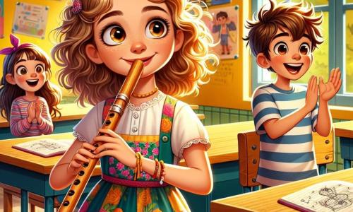 Au centre de l'image, Clara, une fille de 9 ans aux cheveux bouclés et dorés, sourit joyeusement en tenant une flûte en bois, vêtue d'une robe colorée à motifs floraux. À côté d'elle, Lucas, un garçon de 10 ans avec des cheveux bruns en bataille, applaudit, portant un t-shirt rayé et un short. Sofia, également âgée de 9 ans, dessine sur un carnet avec des crayons de couleur, concentrée. La scène se déroule dans une salle de classe lumineuse aux murs jaunes, ornée d'affiches sur l'apprentissage et l'amitié, et baignée de lumière naturelle. Clara s'apprête à jouer de la flûte, tandis que Lucas et Sofia l'encouragent, créant une atmosphère de soutien et de camaraderie.