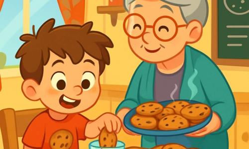 Un petit garçon de 6 ans, nommé Tom, avec des cheveux châtains et des yeux brillants de détermination, est assis à une table en bois. Il porte un t-shirt rouge avec un motif de biscuit et un short bleu, et sourit avec excitation en trempant un biscuit dans un verre de lait. À ses côtés, sa grand-mère, âgée d'environ 70 ans, avec des cheveux gris en chignon et des lunettes rondes, tient un plat de biscuits chauds. La scène se déroule dans une cuisine accueillante aux murs jaunes et aux étagères remplies de pots de confiture. Tom s'est lancé le défi de manger 100 biscuits en une journée, prêt à savourer chaque bouchée.