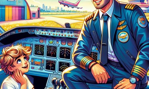 Un homme, Jacques, pilote d'avion, se tient devant un cockpit brillant, souriant chaleureusement. Il porte une veste bleu marine, des lunettes de soleil sur le front et un badge sur sa poitrine. À ses côtés, un garçon de dix ans, Léo, avec des cheveux ébouriffés et des yeux curieux, admire l'intérieur du cockpit, tenant un petit avion en plastique. Le décor est un aérodrome ensoleillé avec des hangars colorés et une piste d'atterrissage sous un ciel bleu. Jacques explique les instruments de vol à Léo, captivé par les détails du cockpit. L'ambiance est joyeuse et pleine d'excitation, illuminée par le soleil, créant une atmosphère de rêve et d'aventure.