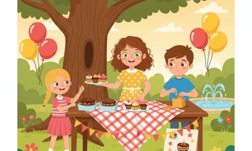 Margaux, 10 ans, souriante et déterminée, cheveux châtains bouclés, tient une assiette de cupcakes qu'elle tend au spectateur; à gauche Clara, ~9 ans, blonde en tresse, ajoute une guirlande de ballons, à droite derrière la table Lucas, ~10 ans, timide mais fier, compte des pièces; ils tiennent un stand de vente de gâteaux sur une table en bois nappée à carreaux, décorée de boîtes de gâteaux, cupcakes colorés, affiches «Vente de gâteaux» et ballons rouges et jaunes, installé dans un parc ensoleillé avec un grand chêne, un petit jet d'eau et des pelouses fleuries; ambiance chaleureuse et solidaire, visages souriants, composition centrée sur la table et le chêne, palette vive et contrastée, lignes simples, formes douces et éclairage doux de fin d’après-midi.