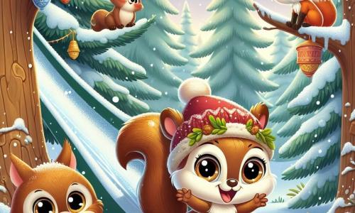 Illustration d'un petit écureuil au pelage noisette et aux yeux pétillants, joyeux, portant un bonnet rouge en mousse et feuilles, glissant sur un toboggan de neige en riant. À proximité, un renard rusé observe avec un sourire espiègle, tandis qu'une chouette sage, perchée sur une branche, regarde la scène avec curiosité. Le cadre est une forêt enchantée avec de grands arbres recouverts de neige scintillante et un sol parsemé de flocons. L'écureuil s'amuse entouré de ses amis dans une ambiance festive, illustrant la magie de l'hiver, avec des congères, des flocons et des décorations hivernales comme des baies et des pommes de pin.