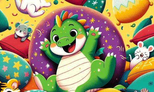 Pipo, un petit dragon vert avec des étoiles sur son ventre, est au centre de l'image, riant aux éclats. Il trébuche sur un coussin coloré, prêt à tomber dans une avalanche de coussins. À côté de lui, Titi le lapin, avec ses grandes oreilles, saute de joie. Lili la souris, petite avec un pelage gris, est allongée par terre, se roulant de rire. Momo le chat, au pelage tigré, tient un coussin rose au-dessus de sa tête, tandis que Nino le perroquet chante gaiement, perché sur un coussin. La scène se déroule dans la maison de Pipo, remplie de coussins colorés, créant une ambiance joyeuse. Les amis essaient de construire un château de coussins, mais tout s'effondre, provoquant rires et bonheur.