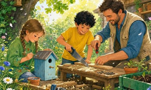 Trois personnages dans un petit jardin près d’un refuge : Léa, 8 ans, cheveux châtain clair en deux nattes, blouse verte tachée, peint un nichoir bleu clair à gauche ; Malo, 8 ans, cheveux bouclés noirs, T‑shirt jaune, scie une planche au centre ; Paul, 35 ans, bénévole, barbe courte et gilet beige, aide et montre comment visser à droite. Le sol est de terre brune avec touffes d’herbes et fleurs sauvages, un vieux chêne en arrière-plan, pots en terre cuite, caisse à outils et bac à compost vert. Les enfants fabriquent et décorent des nichoirs dans une scène joyeuse et active, avec copeaux, pétales tombant, abeilles butinant et lumière dorée du matin.