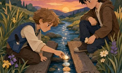 Deux garçons d’environ 12 ans — l’un plus petit, cheveux châtain clair en bataille, visage rond et taches de rousseur, concentration tendre, posant délicatement un dernier petit caillou brillant sur le pont ; l’autre, un peu plus grand aux cheveux noirs, regard méfiant qui s’adoucit, assis au début du pont tenant une miette de pain — sur un pont de deux planches parallèles en bois usé gravées « JE » (gauche) et « TU » (droite) séparées par un fin espace laissant voir une rivière claire aux reflets bleus et verts et petites pierres lisses ; les cailloux ambre et nacre forment une file stabilisant le pont ; berge herbeuse avec herbes hautes et fleurs stylisées en papier découpé, collines douces en arrière-plan sous un ciel crépusculaire violet et orange, lumière chaude en biais, ambiance de résolution douce et d’espoir.