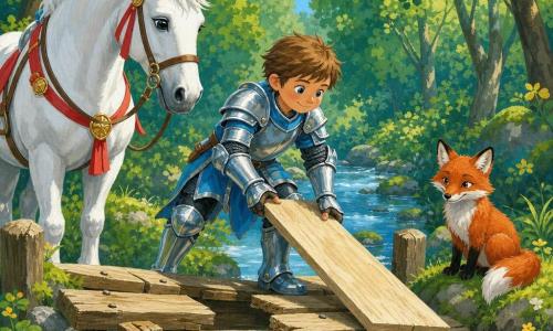Un jeune chevalier en armure brillante argent et bleu ciel, visage souriant et concentré, pose la dernière planche sur un pont cassé pendant qu'à sa gauche son grand cheval blanc, la bride ornée de rubans rouges, reste calme; à sa droite un petit renard roux assis dans une touffe d'herbe observe, le pont en bois clair montre des planches manquantes et des clous visibles au-dessus d'un ruisseau étincelant reflétant le ciel, la forêt luxuriante aux arbres au feuillage rond, fleurs jaunes et mousse sur les pierres baigne la scène dans une douce lumière matinale aux ombres délicates; la composition, aux couleurs vives et aux coups de pinceau visibles, saisit le geste héroïque et serein du chevalier.
